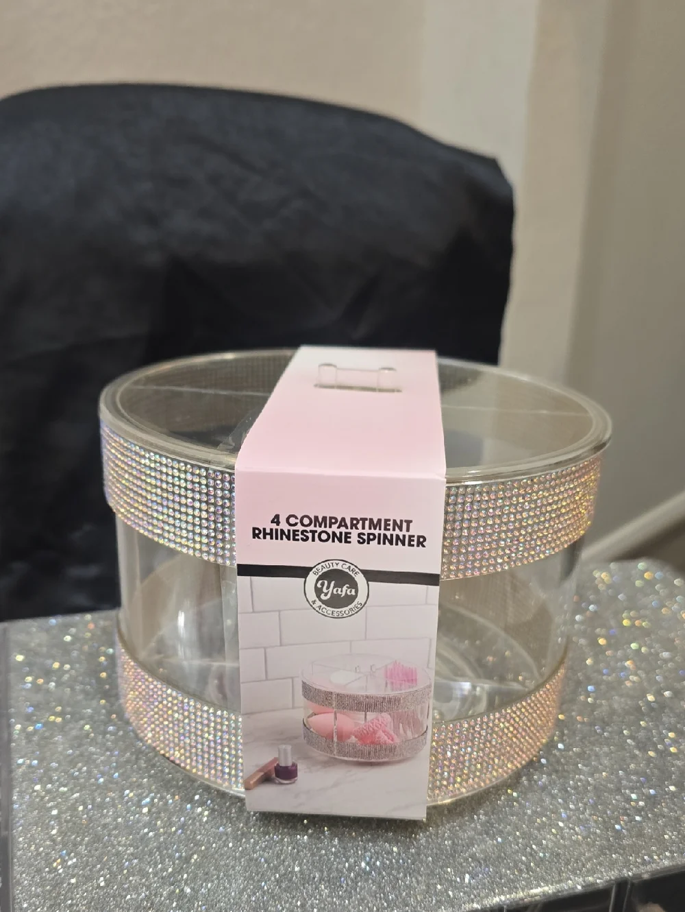 Yafa 4-Compartment Rhinestone Spinner Cosmetic Organizer